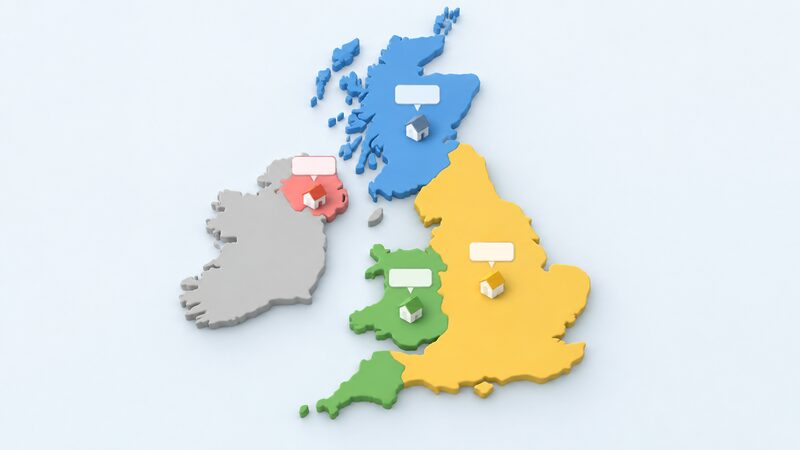 A simplified map of the UK and Ireland's islands drawn with plain colour regions, where each of the four nations is shaded a different plain colour and each carries a small blank label block marking its home energy support scheme, with no names or figures anywhere.