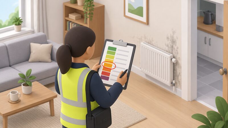 A printed HHSRS inspection sheet lying on a clipboard held by a housing officer during a home visit, showing a plain colour-banded column of hazard bands from A to J with one band marked by a simple circled highlight, no readable words or numbers.