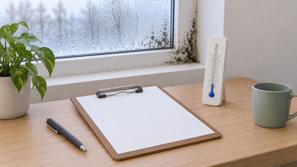 A clipboard with a blank inspection form lies on a table beside a wall thermometer showing a low reading, in front of a window pane with condensation and mould at the corner, evoking a cold-home hazard assessment.