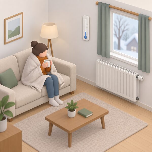 A wall-mounted room thermometer on the plain wall of a simply furnished living room, its dial or column showing a low reading, with a curtained window and a closed radiator below it conveying an underheated home.
