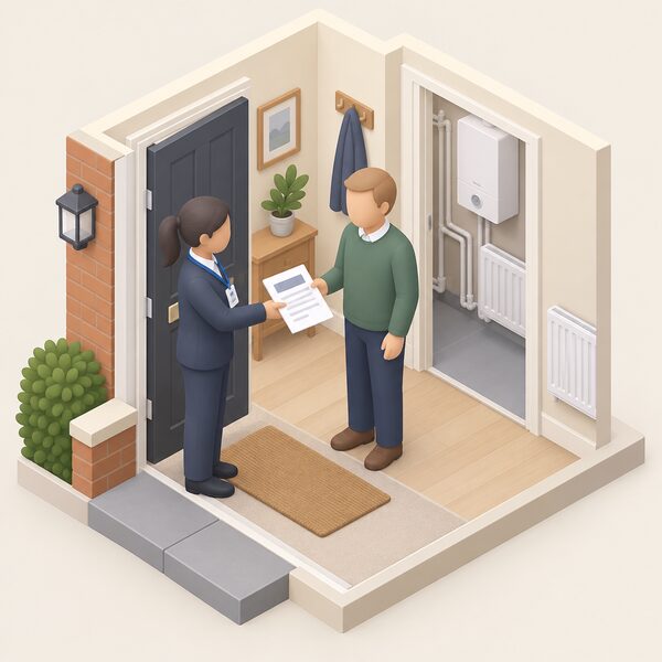 A local authority officer standing at the front door of a dwelling handing a printed improvement notice document to the landlord, with the house's heating system visible through an open interior doorway beyond.