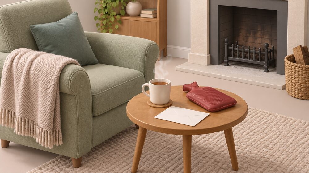 A warm shawl folded over the arm of an armchair beside a hot water bottle, a steaming mug, and a blank letter on a small table, with a cold, empty fireplace visible in the background of the room.