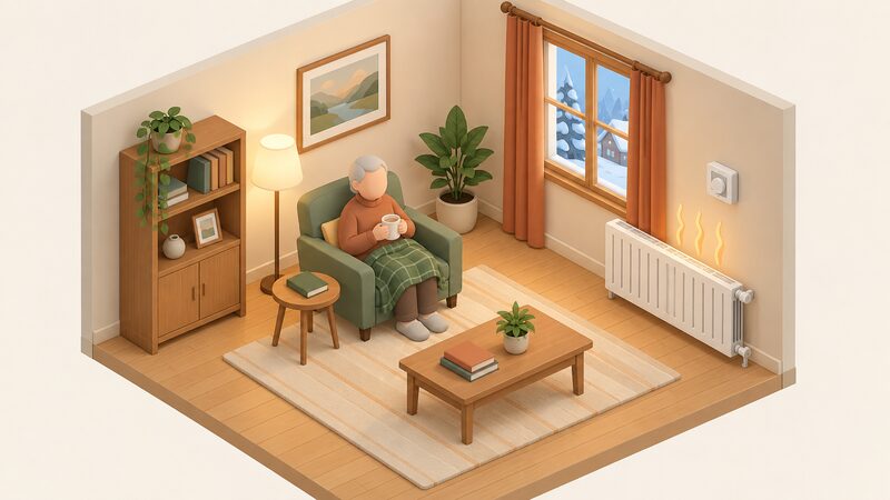 An older person sits in an armchair in a warm, simply furnished living room during cold weather, with a wall-mounted thermostat on the wall nearby and a radiator warming the room, shown as a cosy, well-heated home interior.