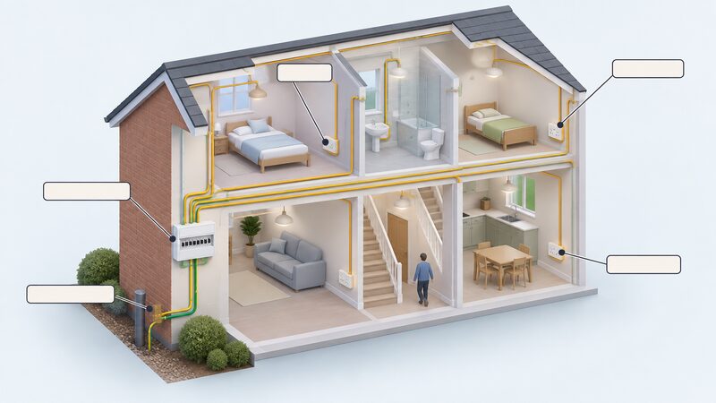 A cutaway diagram of a small house showing the consumer unit on a wall, plain cable runs concealed in the walls leading from it to socket outlets in each room, and an earthing connection from the unit to the incoming service, with blank leader-line labels.