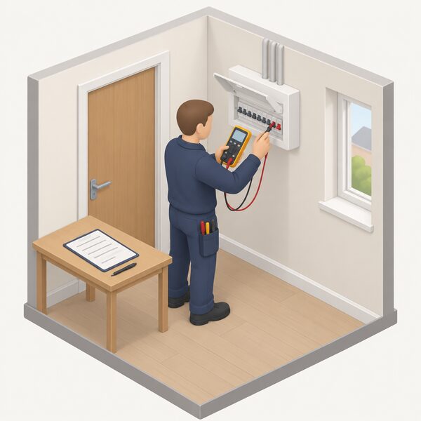 A qualified electrician in plain work clothing inspects and tests the fixed electrical installation in a rented home, using a test instrument at the consumer unit while a report form rests on a nearby table, showing the five-yearly inspection the regulations require.
