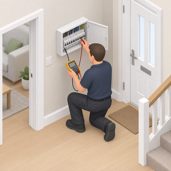 A registered electrician in plain work clothing kneels in a let property's hallway beside an open consumer unit, holding a test instrument with leads connected to the wiring, inspecting and testing the fixed installation as the first step of the check.