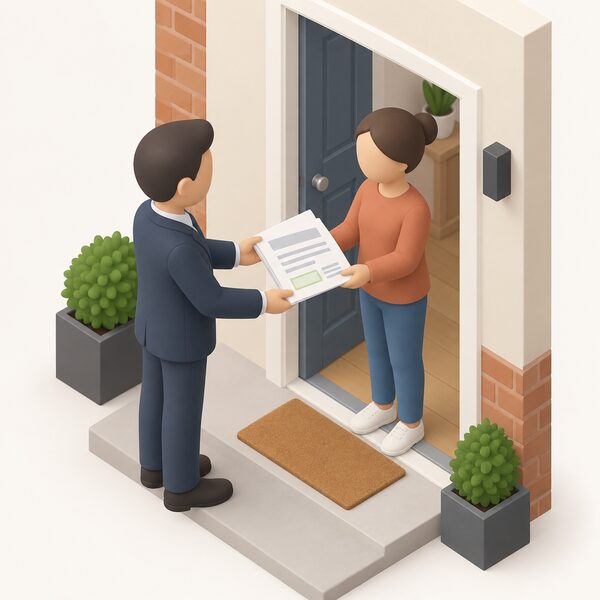 A landlord's simplified figure handing a printed electrical condition report to a tenant at the home's front door, the open document showing plain blocks for the inspection results and a marked field for the date of the next inspection and test.