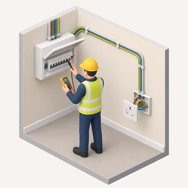 A qualified electrician inspecting the fixed electrical installation of a rented home, shown as a consumer unit with its cover open on a wall and a socket outlet with its faceplate removed, with visible wiring runs between them.