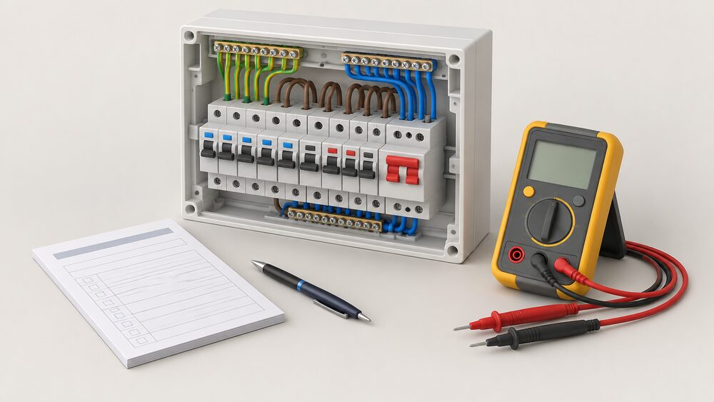 A close-up of a domestic consumer unit with its front cover removed to show the circuit breakers inside, standing on a plain surface beside an insulation and continuity tester with its test leads, a pad of blank report forms and a pen, with nothing else in the scene.