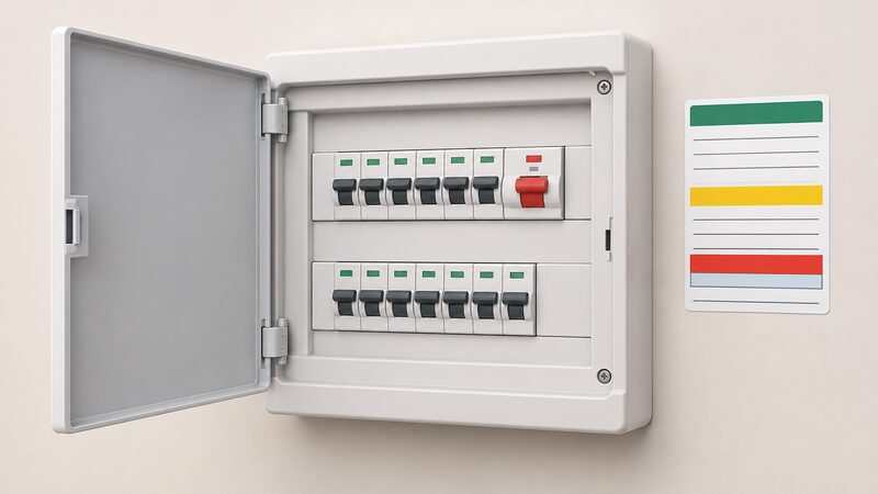 A close-up of a landlord's consumer unit with its door open showing rows of circuit breakers, and a plain inspection label stuck on or beside the unit carrying blank lines and colour bands where the inspection record and test date appear.