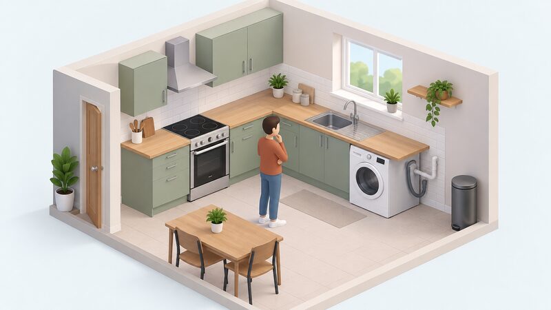 A simplified isometric view of an HMO kitchen showing a freestanding cooker and a washing machine supplied with the tenancy, both plumbed or connected in place, with a small figure of a tenant looking at them.