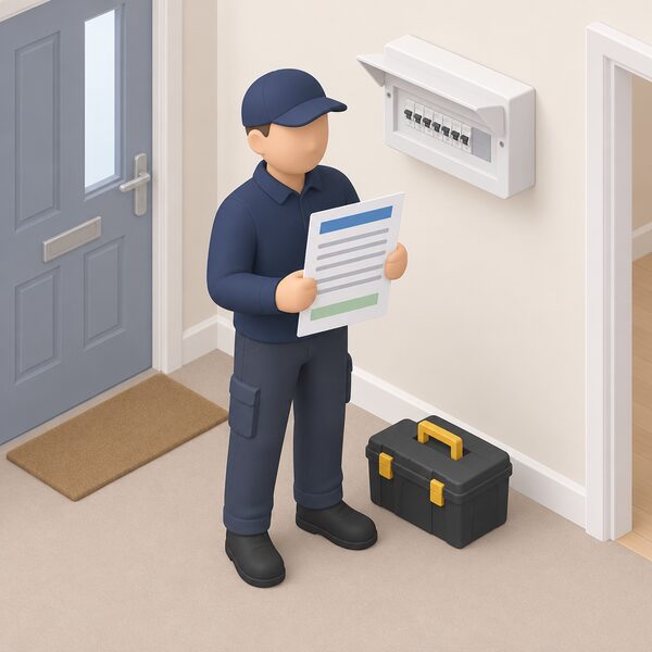 A simplified isometric electrician standing in a rented hallway holds a printed Electrical Installation Condition Report sheet, its pages showing only blank lines and plain colour bands, with a consumer unit on the wall behind and a toolbox at their feet.