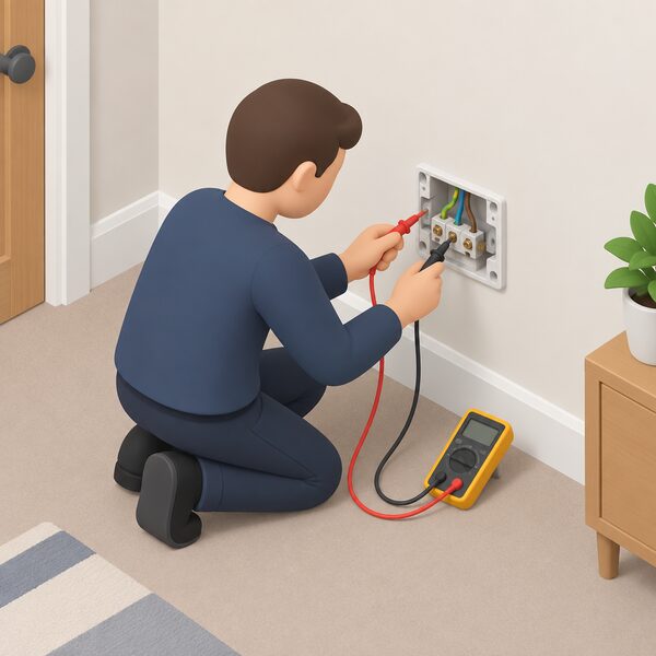 A simplified isometric electrician testing a wall socket with its faceplate removed, exposing the wiring connections inside, in a plain domestic room.