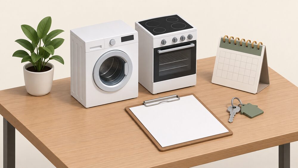 A small model of a freestanding washing machine and an electric cooker sit on a table beside a blank report document on a clipboard, a wall calendar and a set of keys, representing a landlord's duty to maintain supplied appliances and keep inspection records.