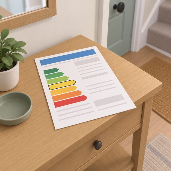 An Energy Performance Certificate shown as a printed sheet lying on a table in a rented home's hallway, its rating band highlighted as a plain coloured band partway up the familiar A-to-G band chart, with blank lines elsewhere so no words or figures are readable.