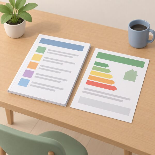 A recommendations report printed as a physical document lying on a table beside the energy certificate, its pages showing plain colour bands and blank lines where the listed improvement measures such as insulation and low energy lighting would appear, with no readable words or figures.