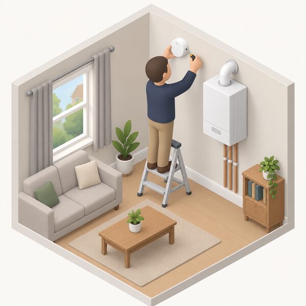 A small isometric rented living room where a landlord figure fits a round carbon monoxide alarm high on the wall near a gas boiler, using a screwdriver, with the alarm shown as a plain white disc with a small indicator light.