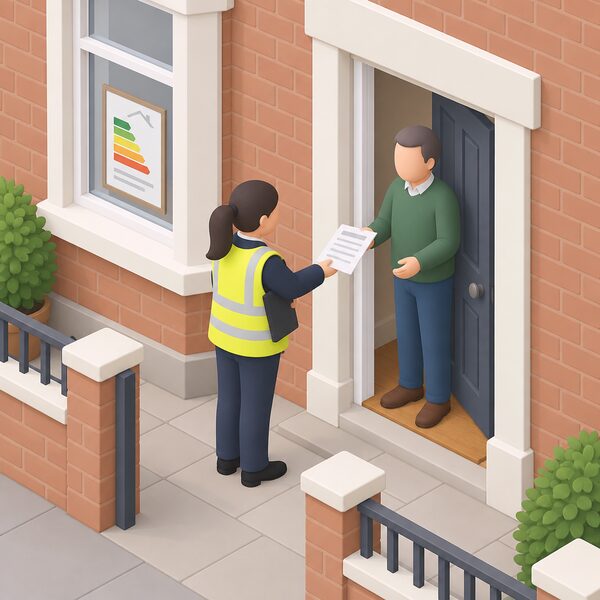 A local authority officer standing at the front door of a rented terraced house, handing a paper compliance notice to the landlord, with the house's plain energy certificate displayed in a window frame beside the doorway.