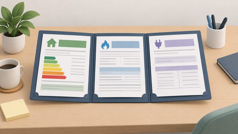 A landlord's open letting file lying on a desk, holding three documents side by side — an Energy Performance Certificate, a gas safety record and an electrical installation condition report — each shown with blank lines and plain colour bands, no readable words or numbers.
