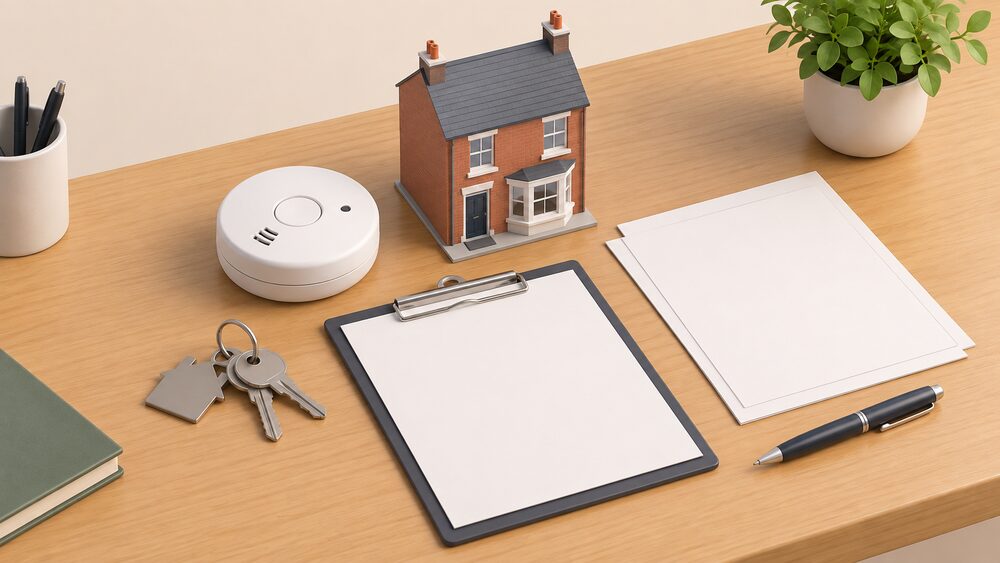A letting agent's table seen from above with a small model of a terraced house, a blank certificate document beside a clipboard, a round white carbon monoxide alarm, a set of keys and a pen, arranged as the paperwork moment before a home is let.