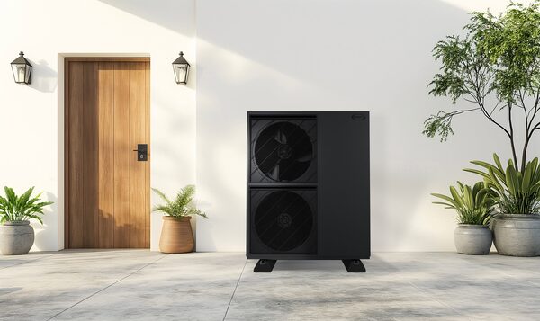 A black Grant air source heat pump unit installed outside a house wall beside a wooden front door with potted plants