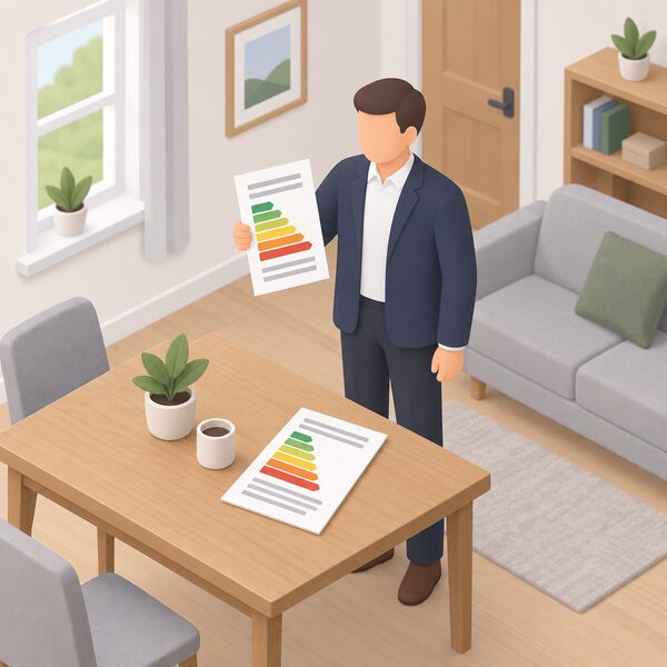 A valid energy performance certificate shown as a physical printed document lying on a table in a privately rented home, with a simplified isometric landlord figure standing beside it holding the certificate, the document carrying only blank lines and plain colour bands so no rating or figures are readable.