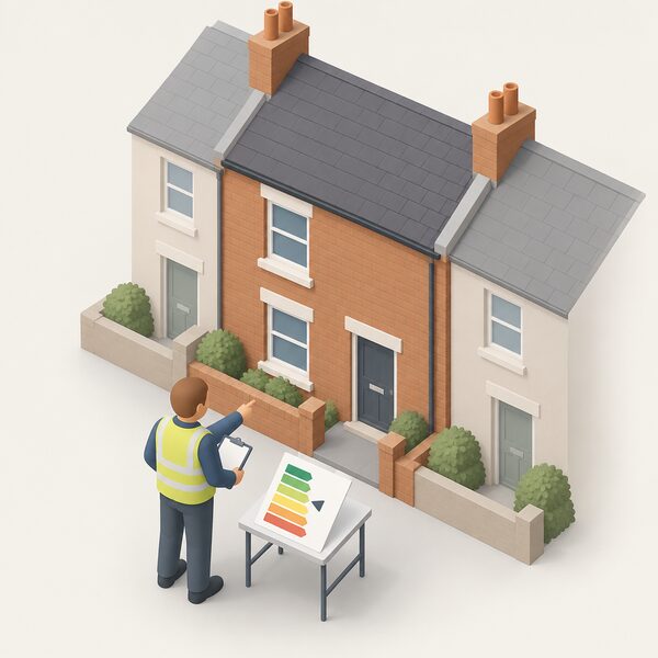 An assessor standing outside a modest terraced rented house, holding a clipboard and pointing toward the property, with a printed energy performance certificate sheet on a portable table beside them showing a plain colour band scale with a marker at band C.