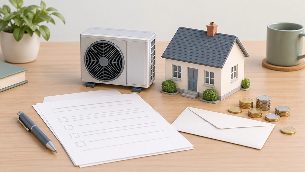 A small model of an air source heat pump fan unit standing beside a tiny model house on a desk, with blank application paperwork, a sealed envelope and a scatter of coins arranged around them to represent a landlord claiming a grant towards a heat pump installation.