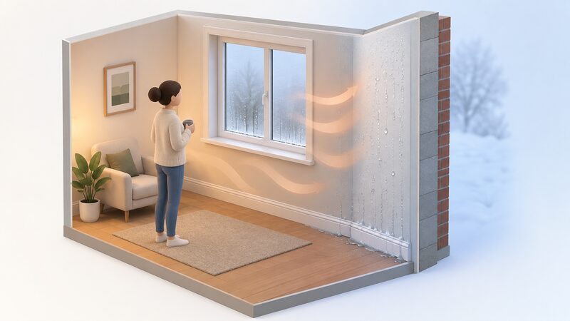 A cutaway room corner showing warm moist air as soft drifting shapes meeting a cold external wall, with water droplets condensing on the wall surface and trickling down to gather at the skirting board, alongside a window with similar droplets on its cold glass.