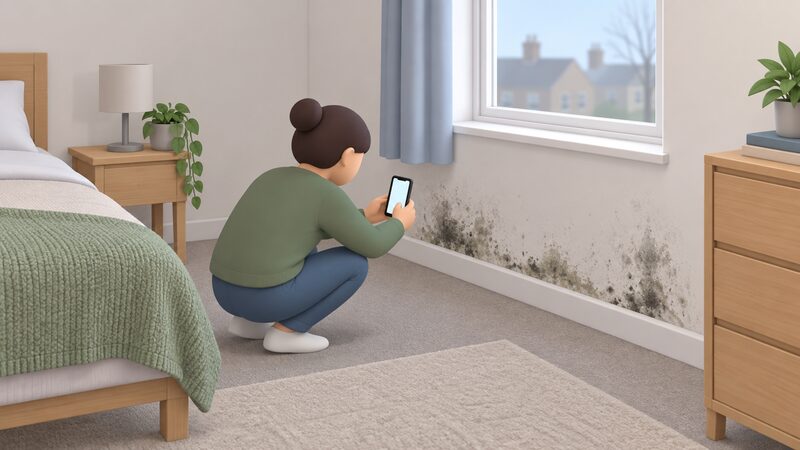 A simplified tenant figure crouches in the corner of a rented room, holding a phone to photograph dark mould patches spreading along the skirting and lower plaster of a cold external wall beneath a window.
