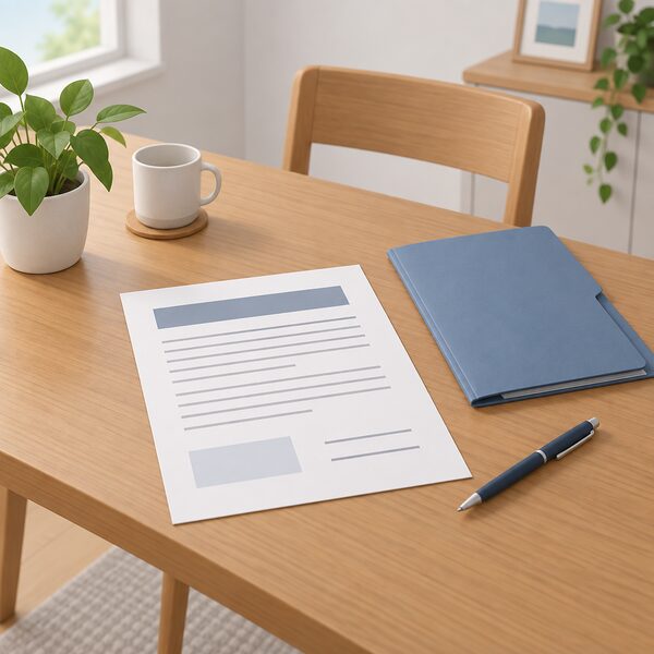 A tenancy agreement document lying on a plain wooden table in a rented home, shown as a physical object with blank lines and plain blocks instead of readable text, beside it a closed folder and a pen, with no people present.