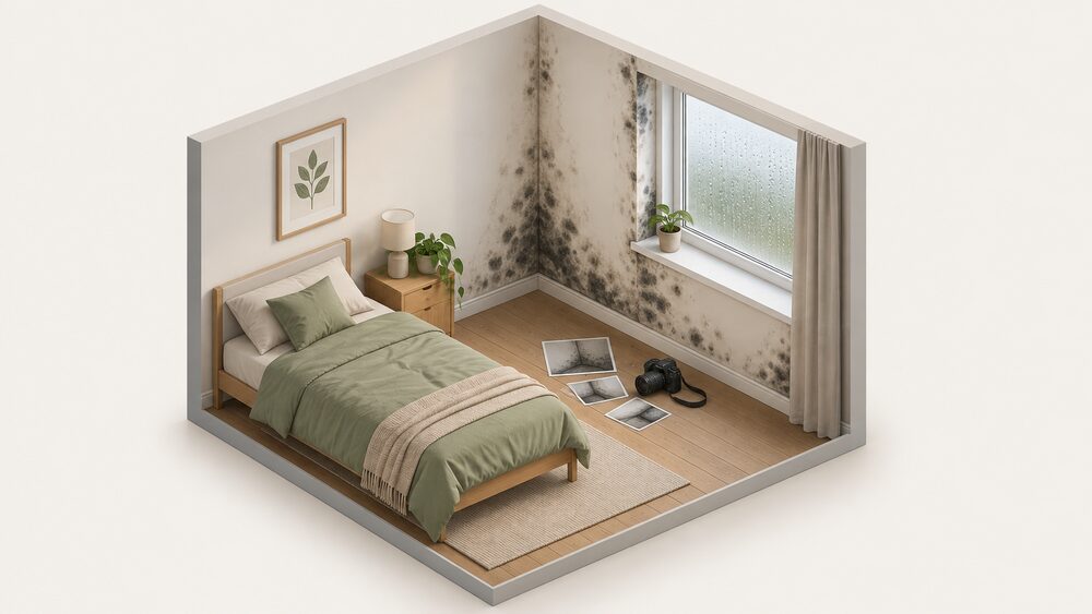 A rented bedroom corner in daylight where a cold external wall meets a window: dark mould blooms spread across the plaster near the skirting and window reveal, the window glass is beaded with condensation, and a camera and a few printed photographs of the mould rest on the floor beside the wall.