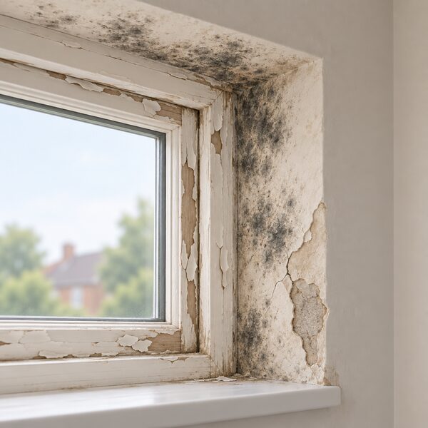 A close-up interior view of a window recess where the plastered reveal and frame are damaged: paint peeling off the timber frame, plaster crumbling on the reveal, and dark mould patches spreading across the plaster around the glass, showing the kind of damp damage a landlord must repair.