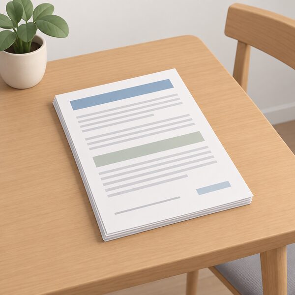 A printed tenancy agreement lying flat on a plain domestic table, shown as a physical multi-page document with its content rendered only as blank lines and plain colour bands, with no readable words or figures.