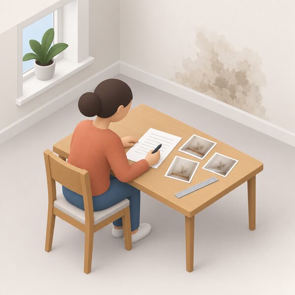 A simplified tenant figure seated at a table writing a note about damp, with a damp-stained wall patch nearby and a small evidence trail of dated photographs and a ruler beside the paper, the note addressed for sending to the landlord.