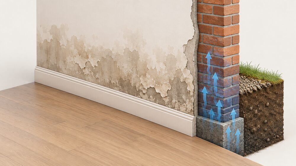 A close-up of a ground-floor interior wall with a tide mark of rising damp climbing from the skirting up to about one metre, the plaster stained and peeling, with a bare external brick wall visible through a cutaway showing moisture rising from the ground through the masonry.