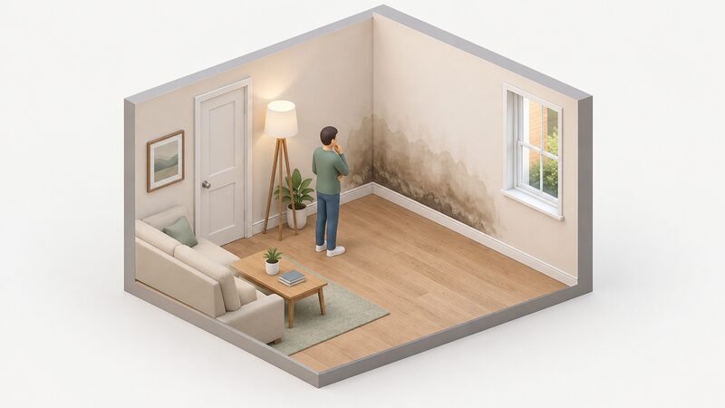 An interior corner of a ground floor rented room where the plastered wall shows a dark tide mark rising from the skirting to about one metre high, with a small simplified figure looking at the stained patch.
