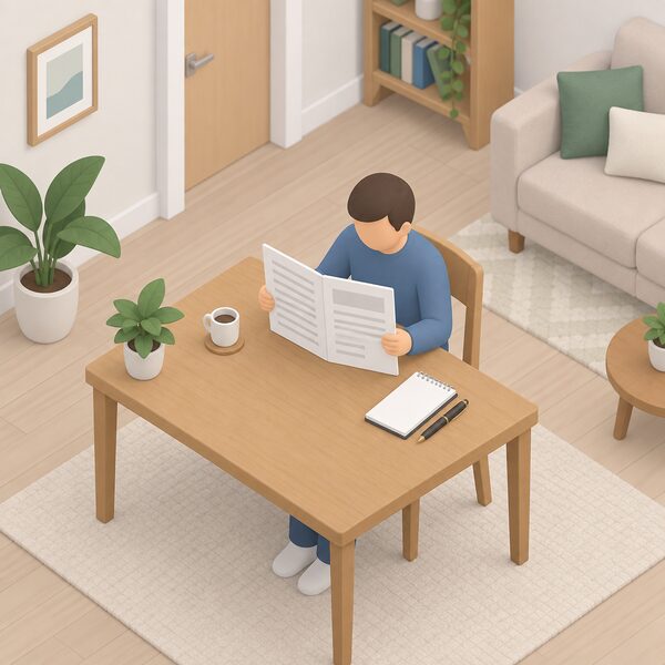 A simplified isometric leaseholder seated at a table in their flat, reading a thick paper lease document held open in both hands, with a pen and a blank notepad beside it, showing the first step of reading the lease before asking anyone for consent.