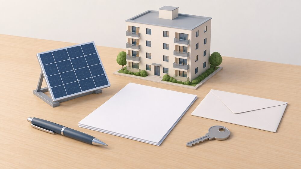 A small model of a solar panel stands on a table beside blank paperwork, a sealed envelope, a house key and a pen, with a second small model of a block of flats behind the papers.