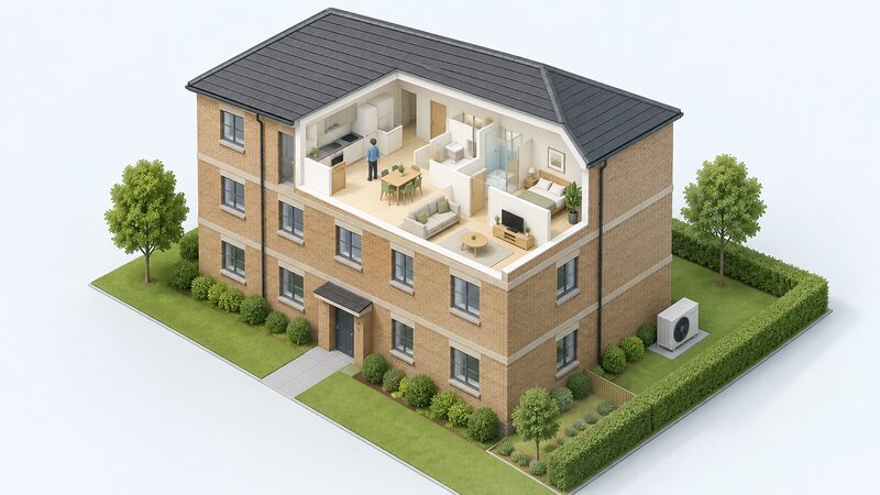A cutaway isometric diagram of a small block of flats showing one demised flat interior, the retained roof and external walls, and the common grounds beside the building where plant such as a heat pump unit would sit.