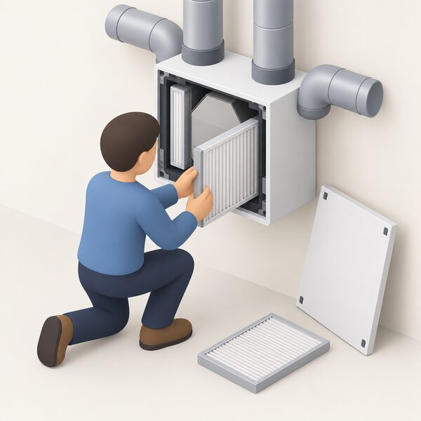 A simplified isometric figure kneels beside a wall-mounted MVHR unit with its front cover removed, sliding a filter panel out of the unit to inspect and clean it, with the unit's duct connections and a spare filter nearby.