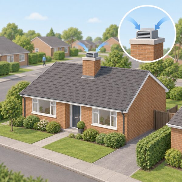 A single-storey brick bungalow on the Racecourse Estate shown from outside, with a false chimney on the roof through which the MVHR ductwork runs, drawing fresh outside air in through a grille rather than emitting smoke, in a quiet estate setting.