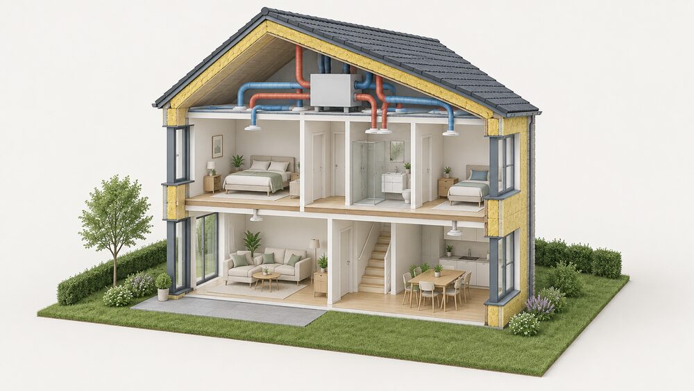 A cutaway of a small Passivhaus home showing a thickly insulated thermal envelope, triple-glazed windows, and a mechanical ventilation with heat recovery unit with ducts running to the rooms, with no boiler, radiators or chimney anywhere in the building.