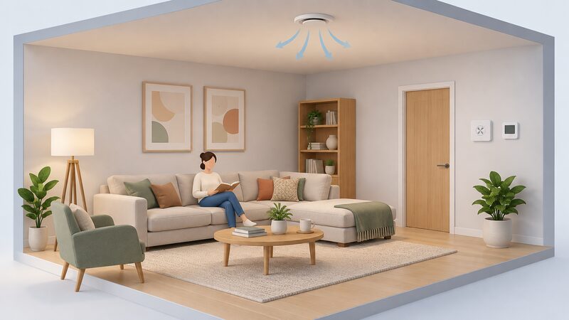 A calm, simply furnished living room in a low-energy home with a small wall-mounted ventilation control panel and a simple thermostat on the wall, a supply air valve in the ceiling, and no radiators or other visible heating equipment.