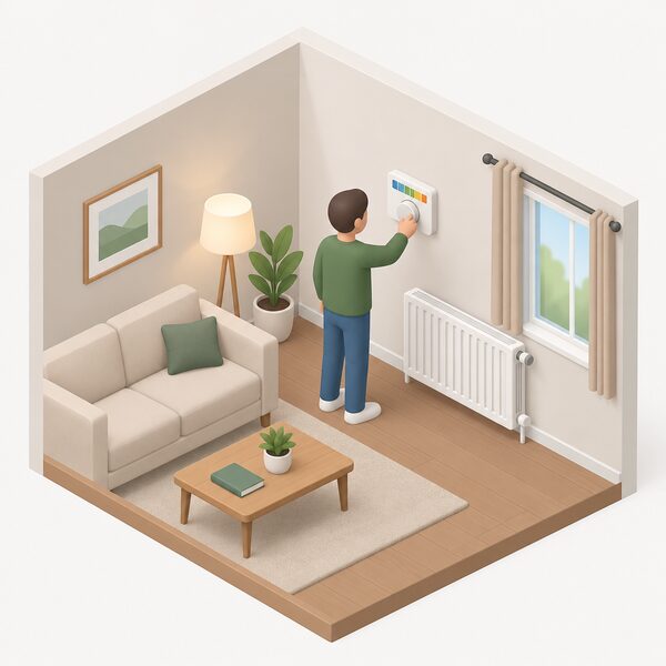 A wall-mounted room thermostat on a living room wall, with a simplified isometric figure adjusting its dial or slider to set the temperature within the recommended 18 to 21 °C band, a radiator visible in the room below.