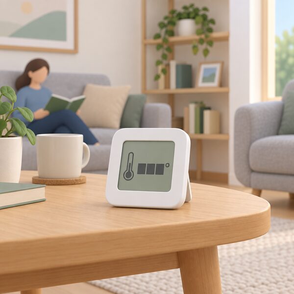 A digital room thermometer standing on a table in a simply furnished living room, its display showing the indoor temperature as plain blocks with no readable figures, illustrating the everyday way recommended home temperatures are checked.