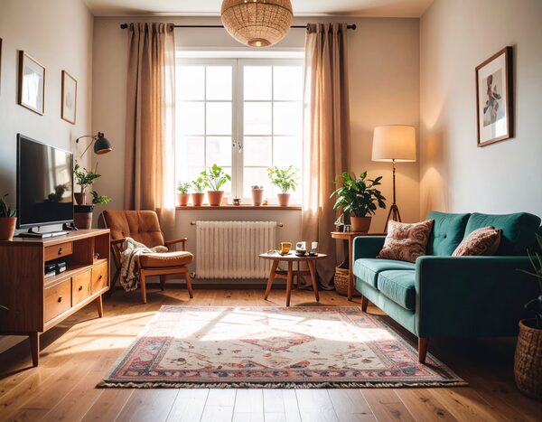 A cosy living room with a radiator under the window, sofa, armchair and plants