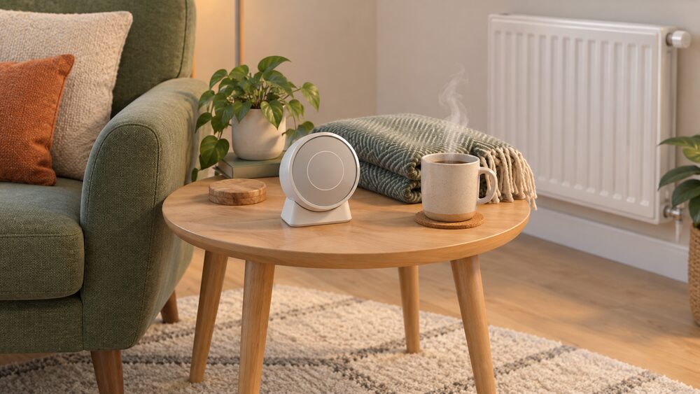 A small table beside an armchair holds a round room thermostat on a stand, a folded woollen blanket and a steaming mug, with a radiator panel visible at the edge of the room behind, suggesting a home kept warm in winter.