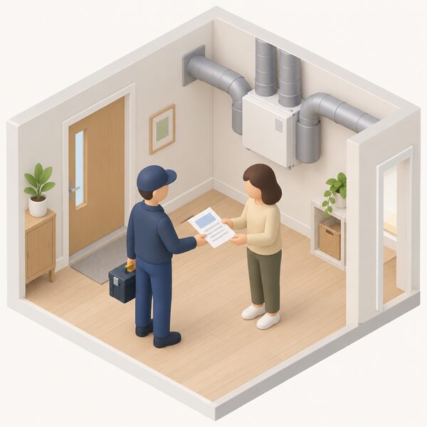 An installer hands a paper quote document to a householder at their home, the sheet showing only blank lines and plain blocks, with a ventilation unit and ducting visible in the background of the room.