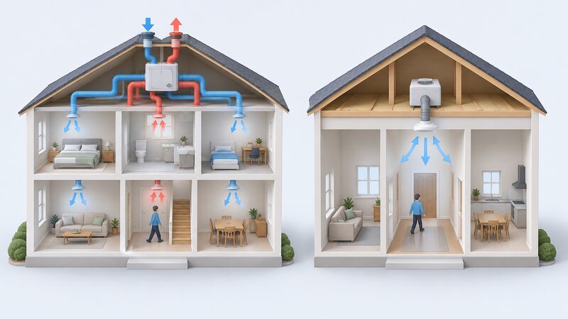 A split comparison diagram showing on one side a cutaway house with a central MVHR unit and branching supply and extract ducts to rooms, and on the other a loft-mounted PIV unit pushing filtered air down into the hallway below.